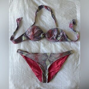 Snake-Print Halter Bikini Set with Red Lining